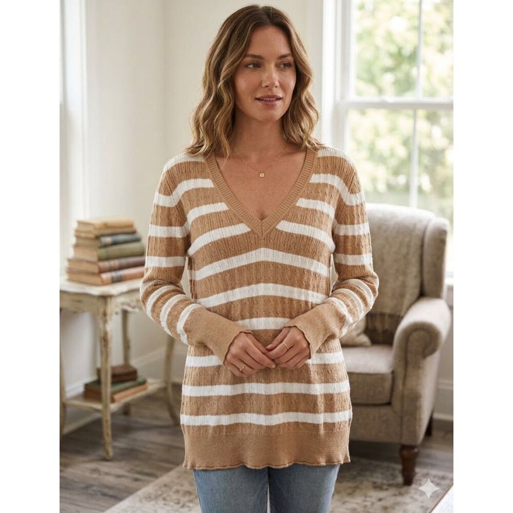 Sonoma Sweater Womens XL Brown Stripe V Neck Cable Knit Lightweight Pullover